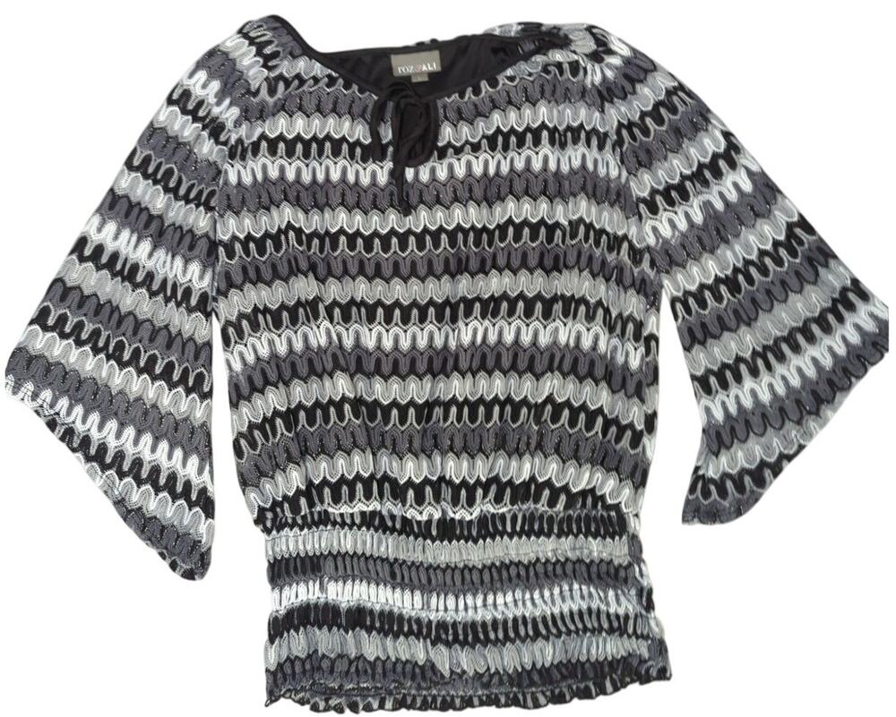 Roz & Ali Blouse L Black White Zig Zag Print Flutter Sleeve Smocked Waist Top
